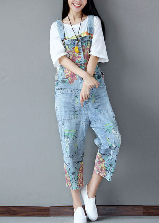 Italienische hellblaue Taschen Print zerrissene Jeans Jumpsuits Sommer