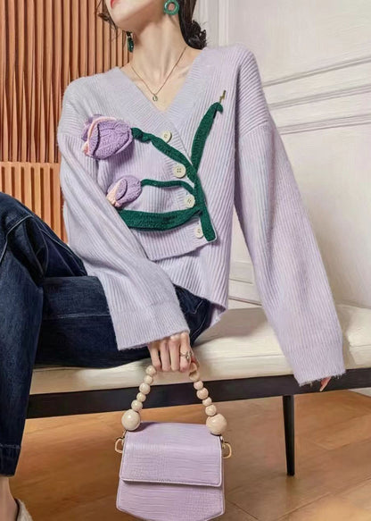 Italian light Purple V Neck Stereoscopic Tulip Knit Cardigan Long Sleeve