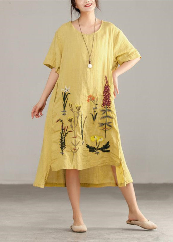 Italienische Leinen-Baumwollkleider Druck Unregelmäßiges Kurzarm-Gelbes Kleid