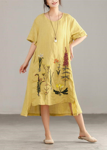 Italienische Leinen-Baumwollkleider Druck Unregelmäßiges Kurzarm-Gelbes Kleid