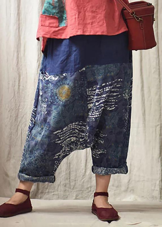 Italian linen trousers Vintage Printed Low Crotch Casual Harem Pants - SooLinen