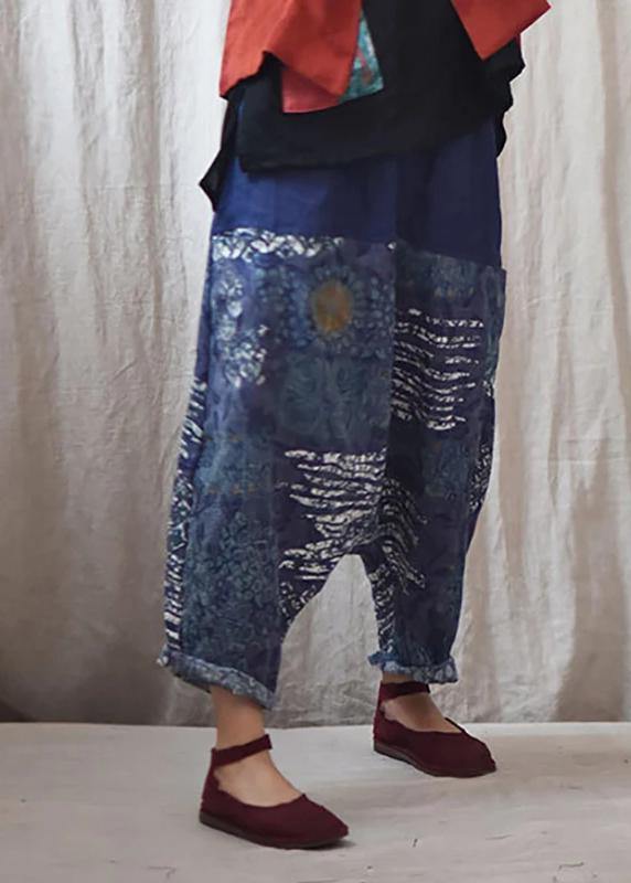Italian linen trousers Vintage Printed Low Crotch Casual Harem Pants - SooLinen