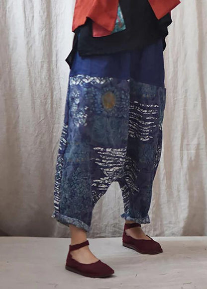 Italian linen trousers Vintage Printed Low Crotch Casual Harem Pants - SooLinen