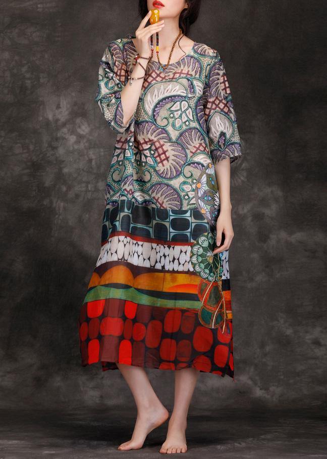 Italian multicolor linen clothes o neck pockets Kaftan summer Dress - SooLinen