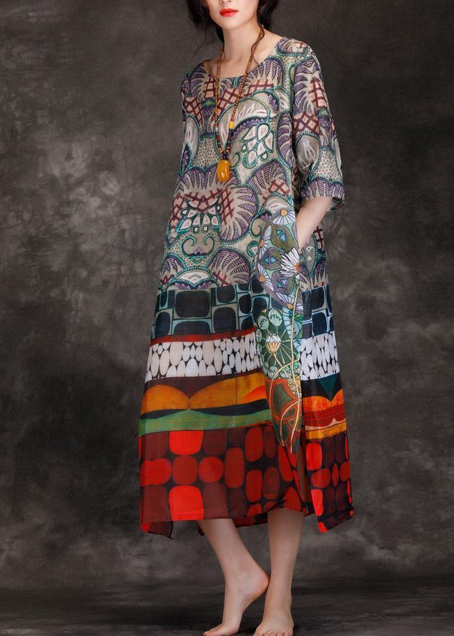 Italian multicolor linen clothes o neck pockets Kaftan summer Dress - SooLinen