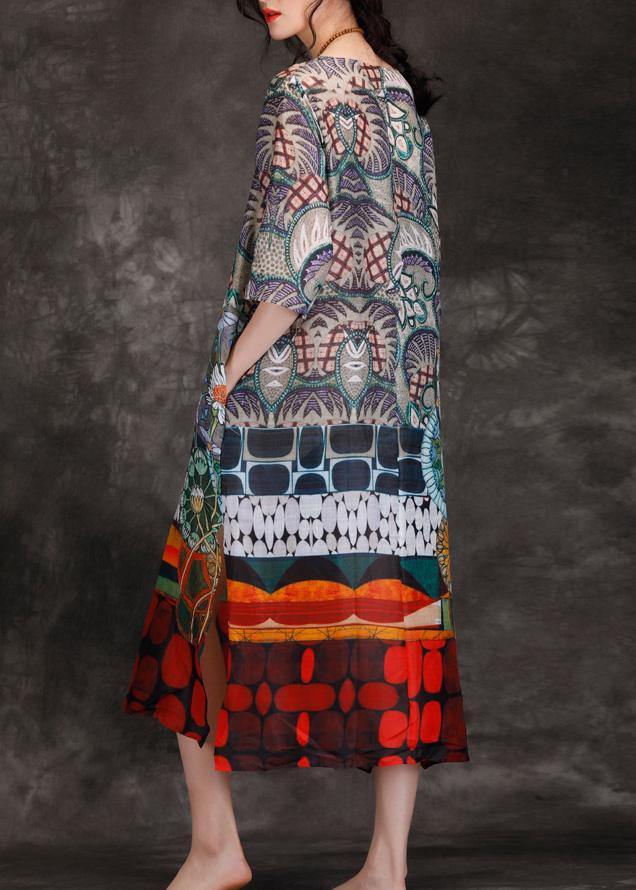 Italian multicolor linen clothes o neck pockets Kaftan summer Dress - SooLinen