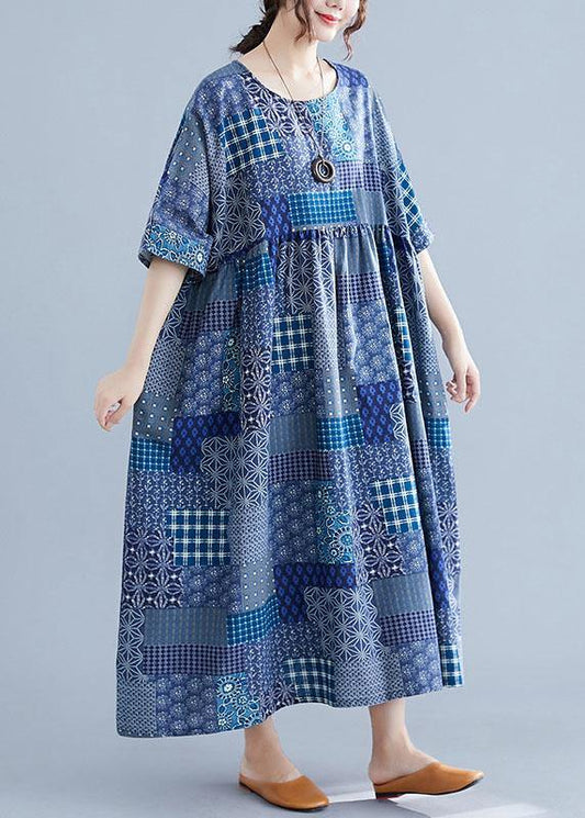 Italian navy plaid linen cotton clothes For Women o neck Cinched cotton Dress - SooLinen