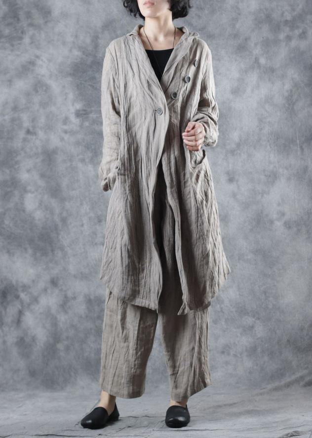 Italian nude linen Blouse lapel collar cotton long sleeve coats - SooLinen