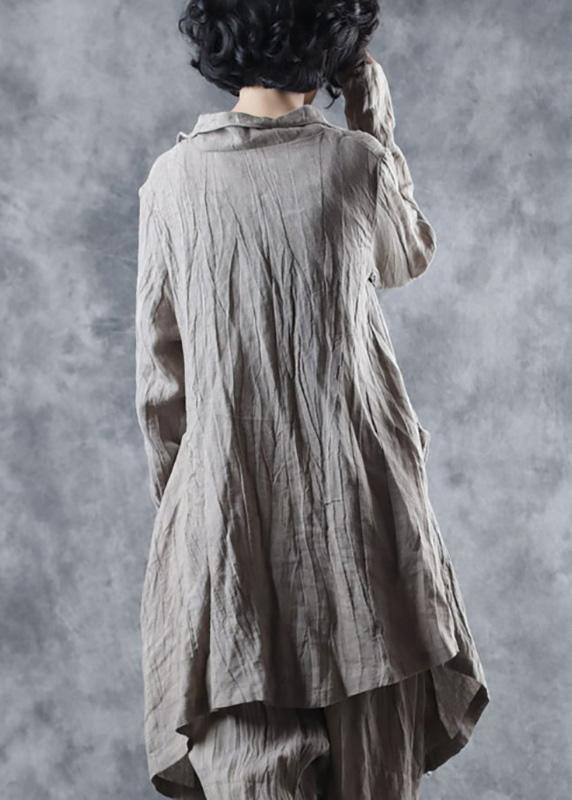 Italian nude linen Blouse lapel collar cotton long sleeve coats - SooLinen