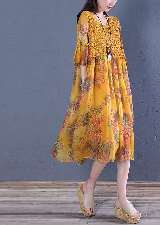 Italian o neck Butterfly Sleeve Cotton Fabrics yellow print Dress - SooLinen