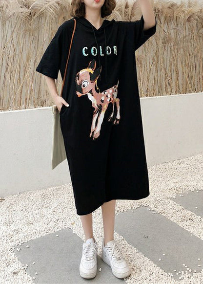 Italienische O-Ausschnitt Halbarm Baumwolle Tuniken Einbaustoffe schwarzer Druck Robe Kleider Sommer