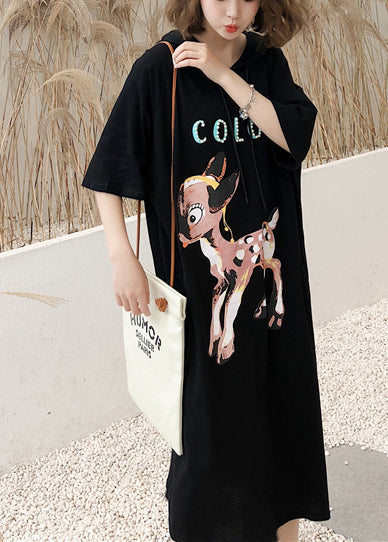 Italienische O-Ausschnitt Halbarm Baumwolle Tuniken Einbaustoffe schwarzer Druck Robe Kleider Sommer