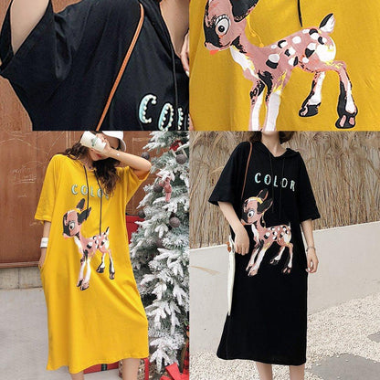 Italienische O-Ausschnitt Halbarm Baumwolle Tuniken Einbaustoffe schwarzer Druck Robe Kleider Sommer