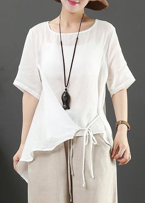 Italian o neck asymmetric cotton linen clothes pink silhouette blouses - SooLinen