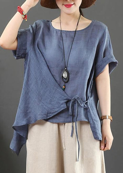 Italian o neck asymmetric cotton linen clothes pink silhouette blouses - SooLinen