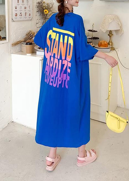 Italian o neck baggy quilting dresses Work Outfits blue Letter Dresses - SooLinen