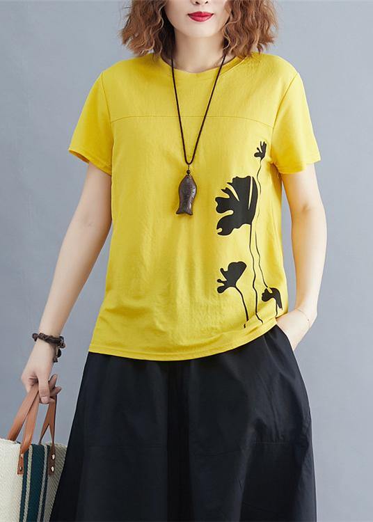 Italian o neck cotton tunic top Photography yellow print shirts summer - SooLinen