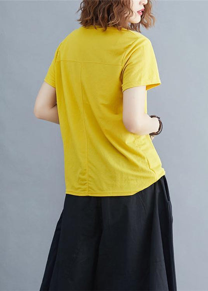 Italian o neck cotton tunic top Photography yellow print shirts summer - SooLinen