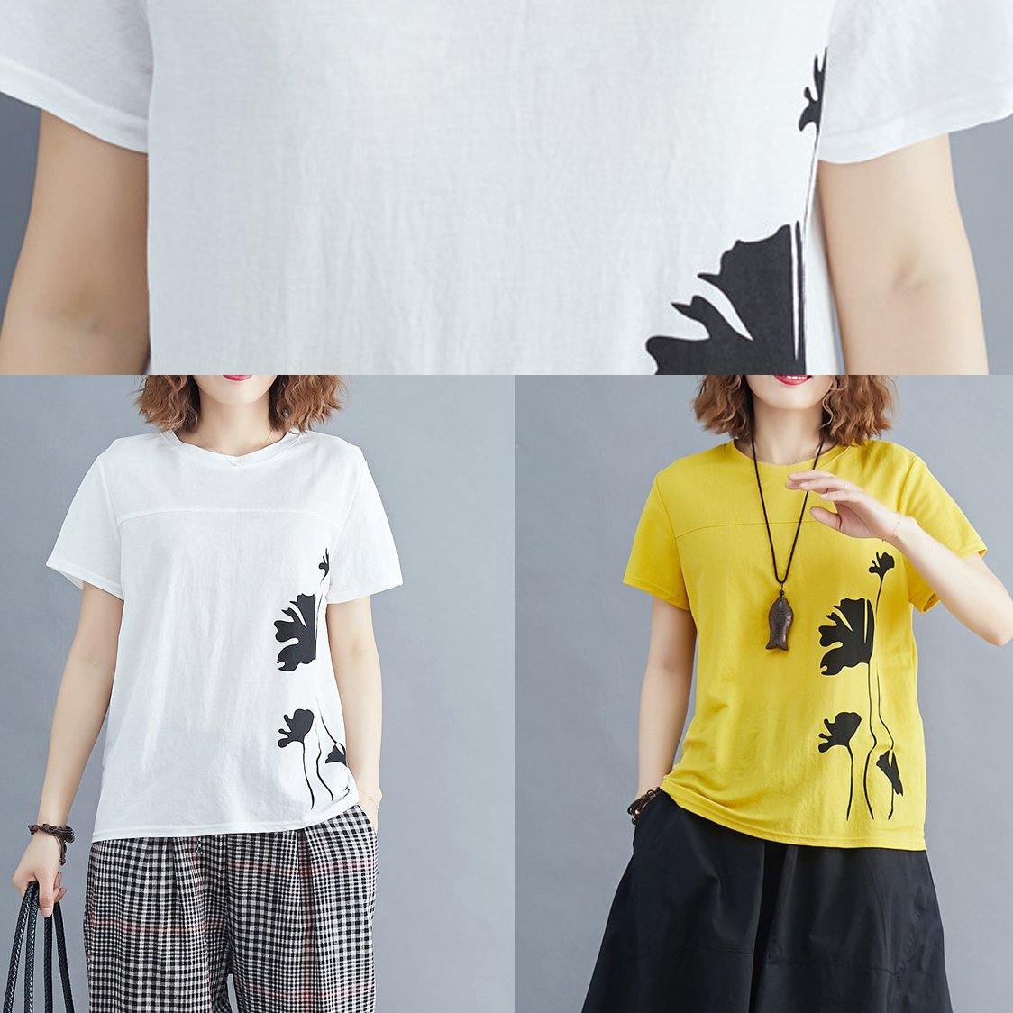 Italian o neck cotton tunic top Photography yellow print shirts summer - SooLinen