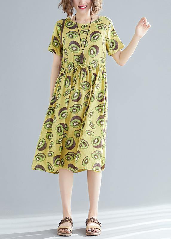 Italian o neck drawstring linen cotton dress Fashion Outfits yellow print daily Dress Summer - SooLinen