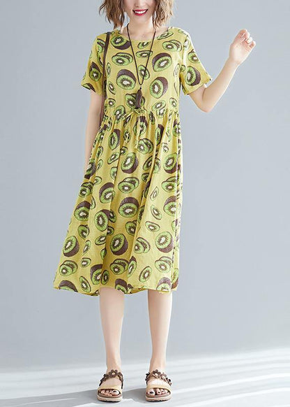 Italian o neck drawstring linen cotton dress Fashion Outfits yellow print daily Dress Summer - SooLinen