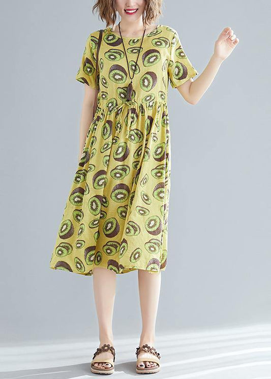 Italian o neck drawstring linen cotton dress Fashion Outfits yellow print daily Dress Summer - SooLinen