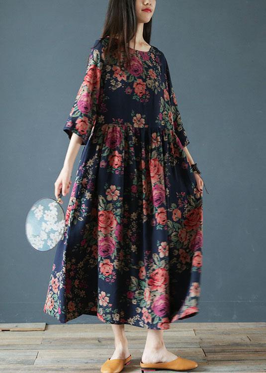 Italian o neck half sleeve cotton clothes Neckline blue print loose Dresses - SooLinen