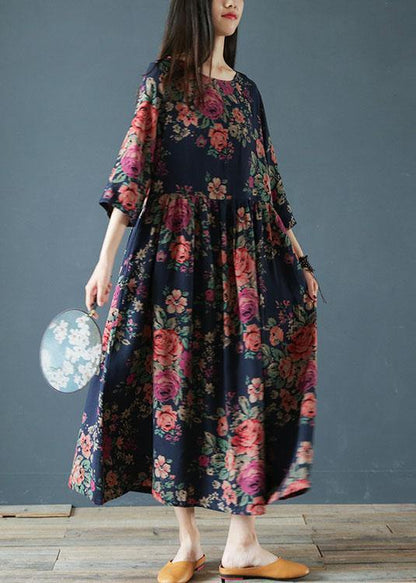 Italian o neck half sleeve cotton clothes Neckline blue print loose Dresses - SooLinen