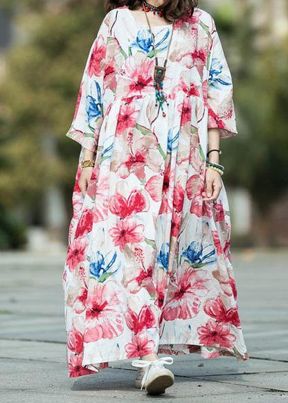 Italian o neck large hem linen cotton Long dress white print Dresses summer - SooLinen