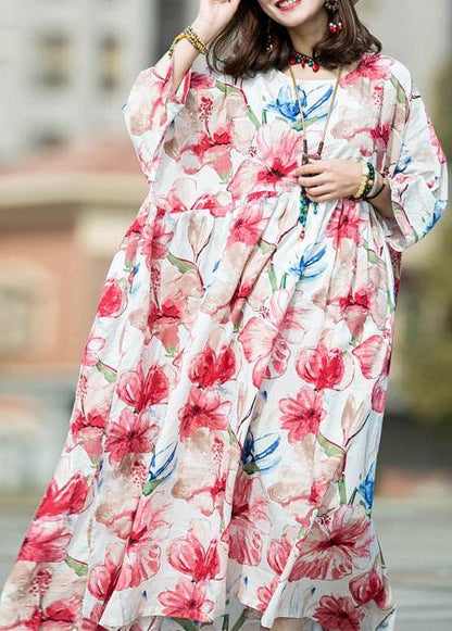 Italian o neck large hem linen cotton Long dress white print Dresses summer - SooLinen