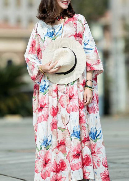 Italian o neck large hem linen cotton Long dress white print Dresses summer - SooLinen