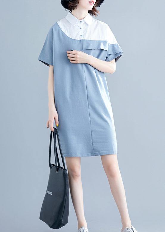 Italian o neck patchwork Cotton Tunics light blue Dress summer - SooLinen