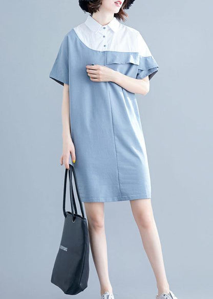Italian o neck patchwork Cotton Tunics light blue Dress summer - SooLinen