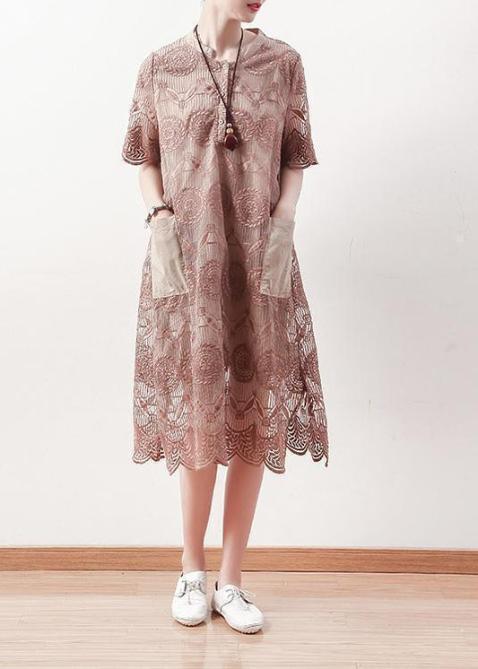Italienisches O-Ausschnitt Patchwork-Spitzen-Leinen-Tunika-Muster Omychic Fotografie Khaki A-Linien-Kleid Sommer