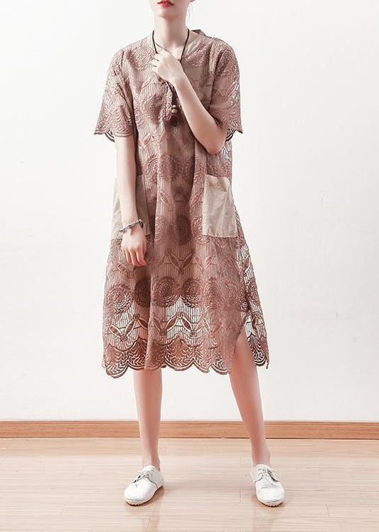Italienisches O-Ausschnitt Patchwork-Spitzen-Leinen-Tunika-Muster Omychic Fotografie Khaki A-Linien-Kleid Sommer