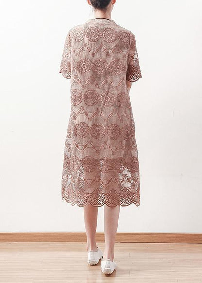 Italienisches O-Ausschnitt Patchwork-Spitzen-Leinen-Tunika-Muster Omychic Fotografie Khaki A-Linien-Kleid Sommer