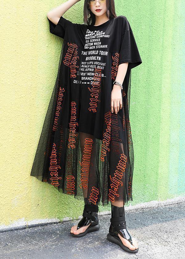 Italian o neck patchwork tulle cotton dresses Fabrics black print Traveling Dresses summer - SooLinen