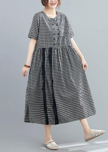 Italian o neck side open linen Long Wardrobes black plaid Dresses - SooLinen