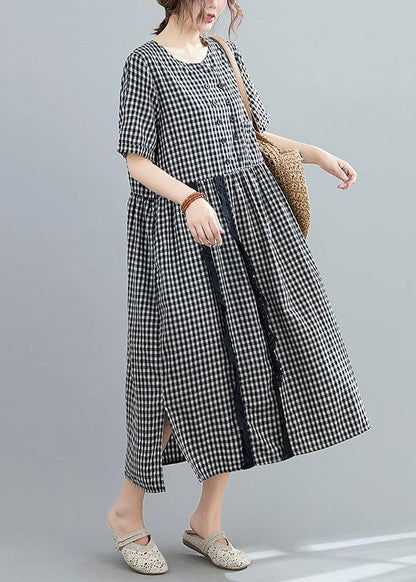 Italian o neck side open linen Long Wardrobes black plaid Dresses - SooLinen