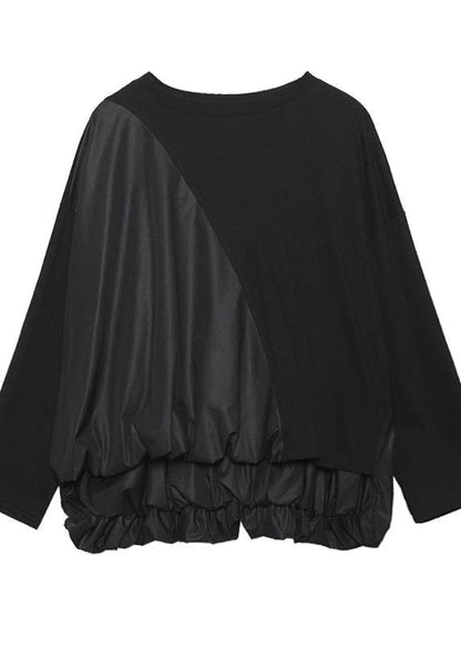 Italian o neck Cinched spring tunic pattern black top - SooLinen