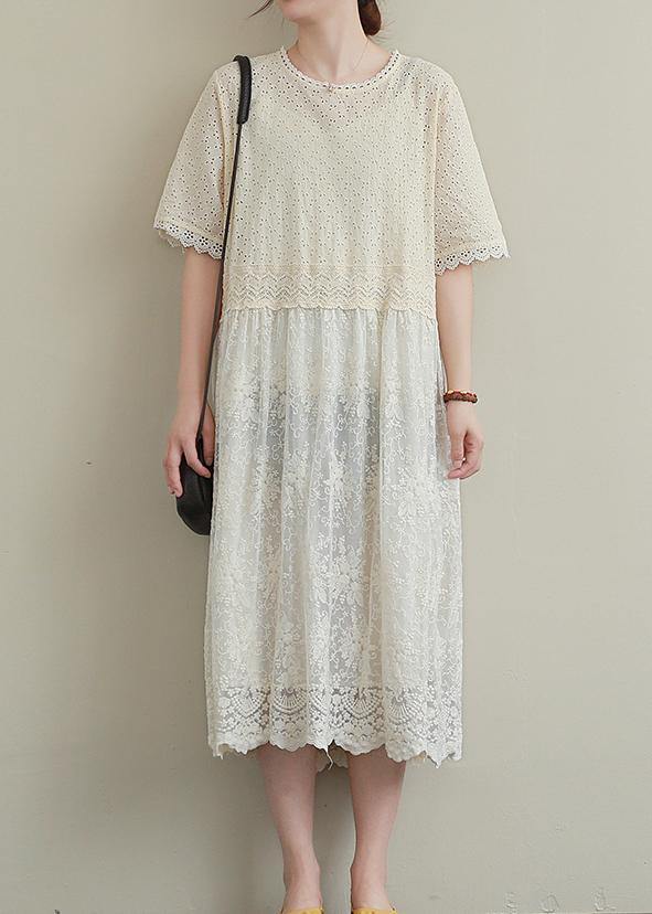 Italian patchwork hollow out cotton clothes Women Outfits beige embroidery Plus Size Dresses - SooLinen