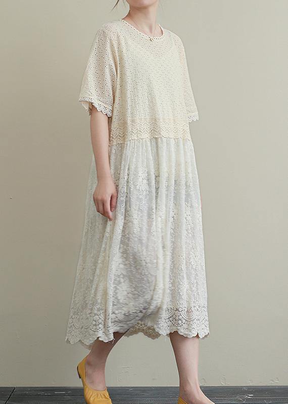 Italian patchwork hollow out cotton clothes Women Outfits beige embroidery Plus Size Dresses - SooLinen