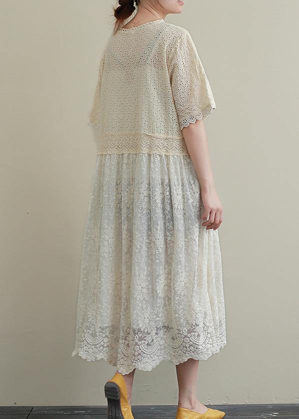 Italian patchwork hollow out cotton clothes Women Outfits beige embroidery Plus Size Dresses - SooLinen