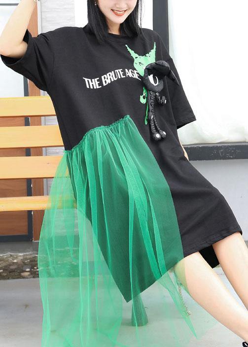 Italian patchwork tulle cotton Tunics Wardrobes black prints long Dress summer - SooLinen