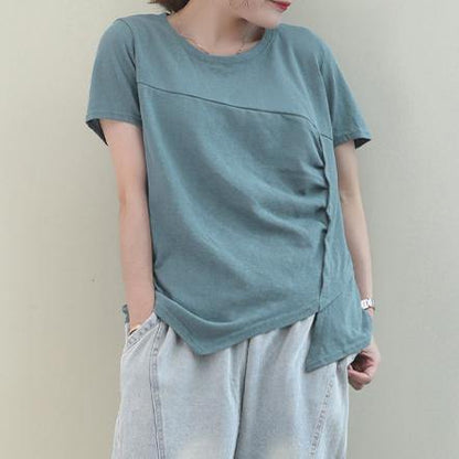 Italian pink cotton clothes For Women o neck asymmetric baggy blouse - SooLinen