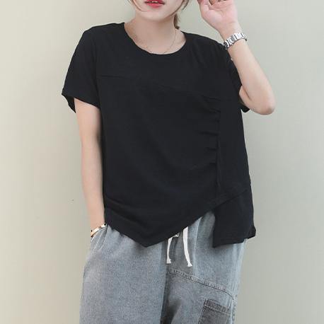 Italian pink cotton clothes For Women o neck asymmetric baggy blouse - SooLinen