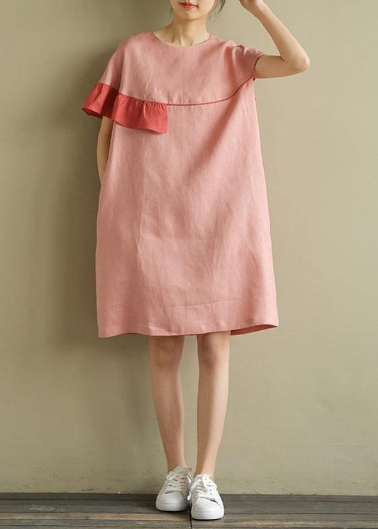 Italian pink linen Wardrobes o neck patchwork baggy summer Dress - SooLinen