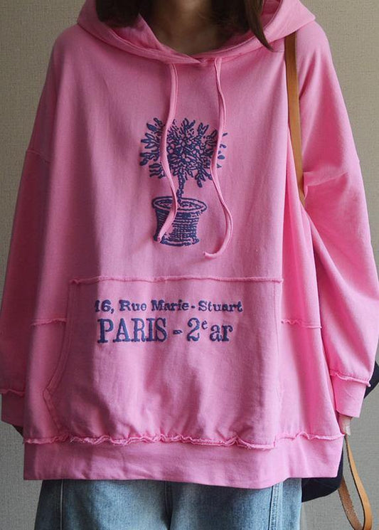 Italian pink print cotton clothes For Women hooded patchwork Plus Size Clothing blouses - SooLinen