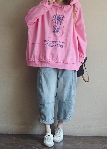 Italian pink print cotton clothes For Women hooded patchwork Plus Size Clothing blouses - SooLinen