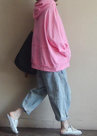 Italian pink print cotton clothes For Women hooded patchwork Plus Size Clothing blouses - SooLinen